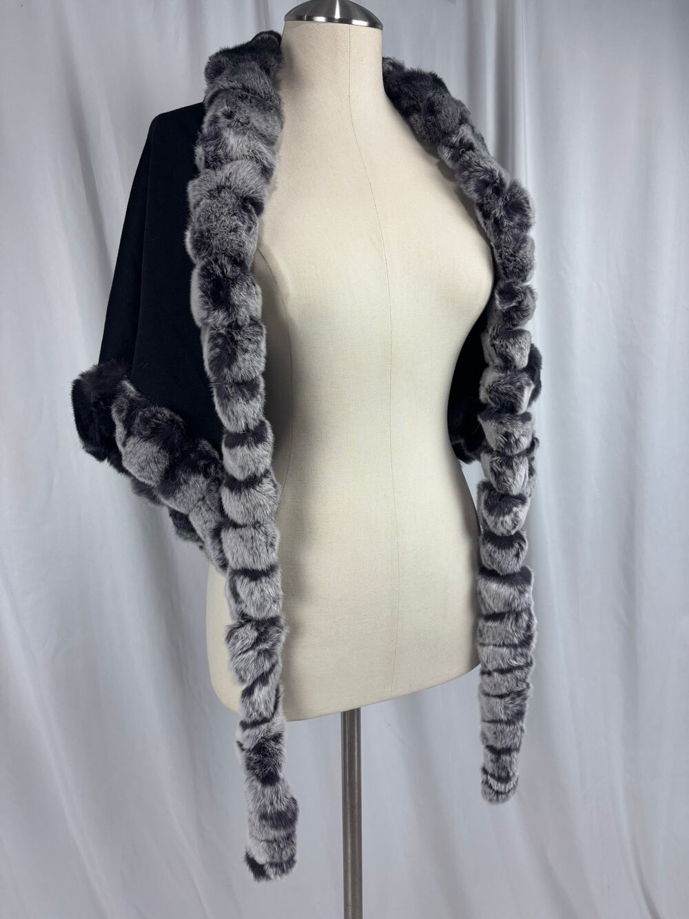 Glamourpuss NYC Black Wrap Cape with Chinchilla-Dyed Rabbit Fur Trim